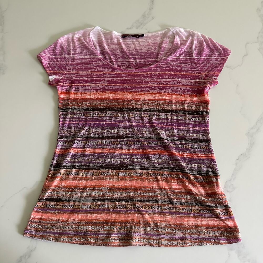 Prana Breathe Burnout Pink Orange STriped Yoga Lightweight Tshirt Size Medium